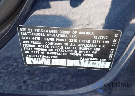 2013 Volkswagen Passat 2.5L Sel from USA, damaged, VIN 1VWCP7A32DC077738